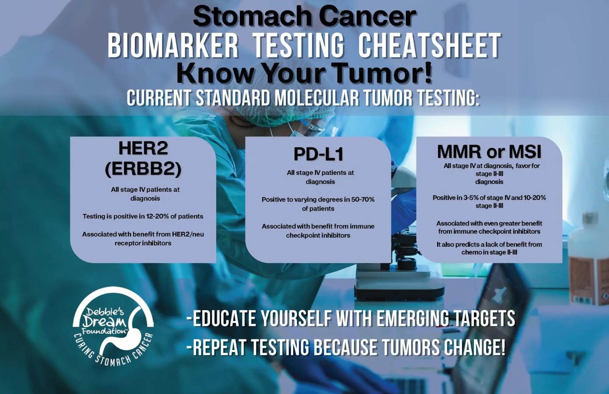 image1 - Debbie's Dream Foundation Infographic from Debbie’s Dream Foundation about stomach cancer biomarker testing. Lists HER2, PD-L1, and MMR/MSI as key tests for stage IV and some stage II–III patients, highlighting their relevance for targeted and immunotherapy. Encourages repeat testing as tumors change.